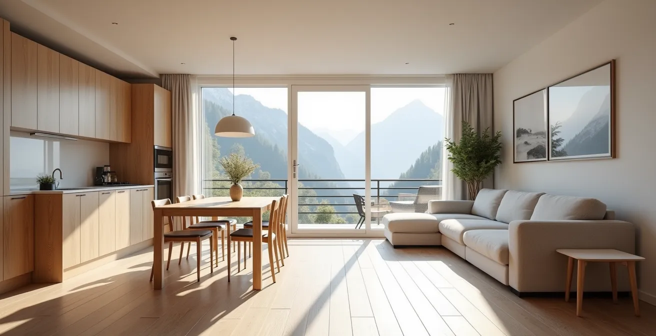 Vue d'un salon d'appart-hôtel avec fenêtre ouverte sur paysage alpin