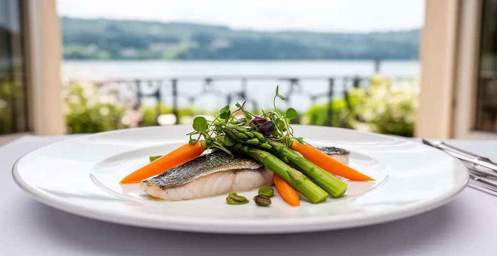 Assiette gastronomique avec filet de féra du lac d'Annecy et légumes de saison