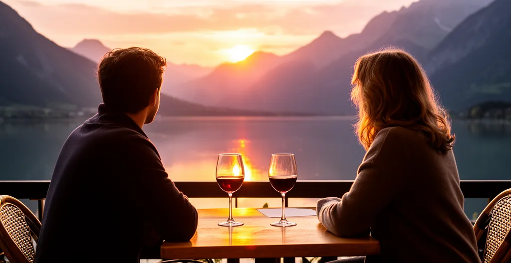 Couple admirant le coucher de soleil sur le lac d'Annecy depuis une terrasse de restaurant