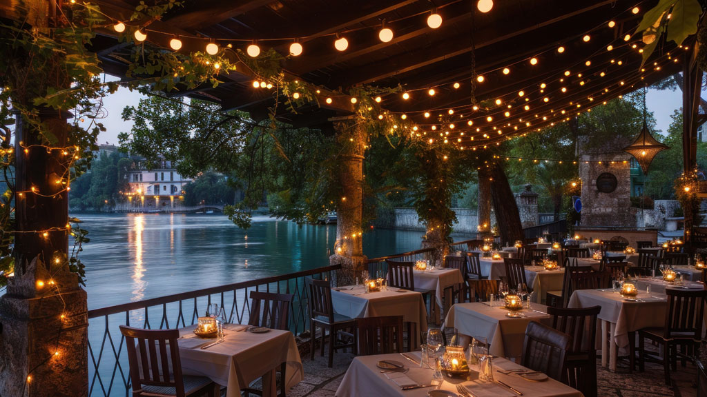 Terrasse de restaurant au bord du lac d'Annecy en soirée