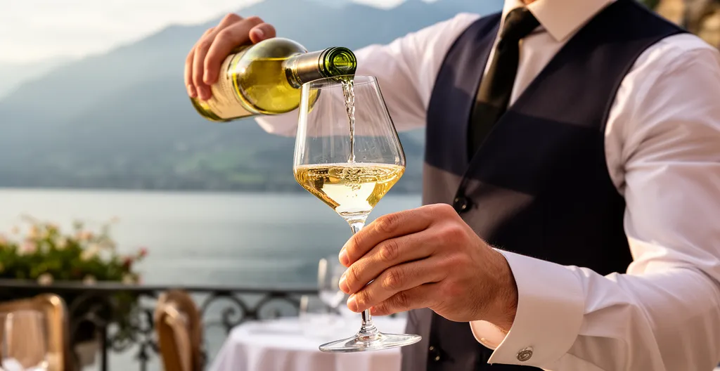 Sommelier versant un vin blanc de Savoie dans un verre avec vue sur le lac en arrière-plan