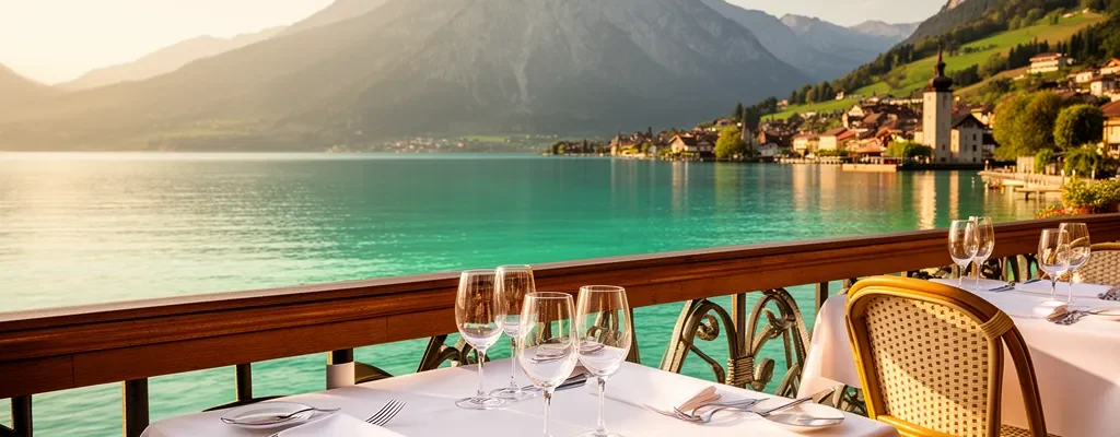 Terrasse élégante de restaurant gastronomique avec vue panoramique sur le lac d'Annecy