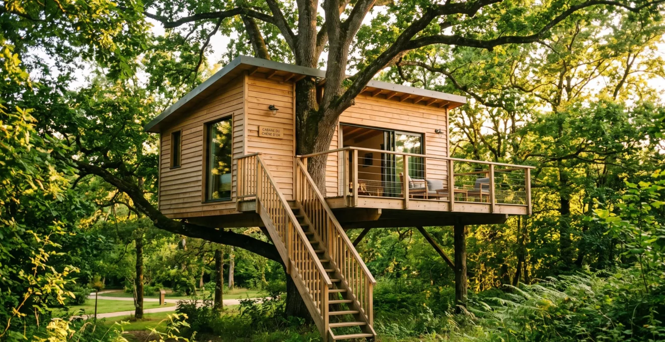 Cabane perchée en bois contemporaine installée dans un chêne mature au sein d'un camping arboré, avec terrasse suspendue et escalier d'accès sécurisé.
