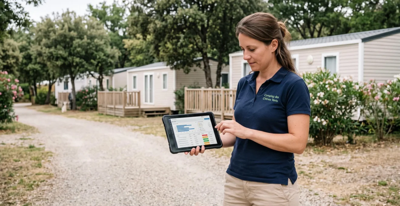 Gestionnaire de camping consultant un tableau de bord de gestion sur tablette numérique, avec parc de mobil homes récents en arrière-plan, contexte opérationnel estival.