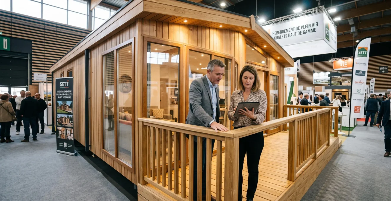 Mobil home premium en bois exposé sur un stand du salon SETT à Montpellier, avec deux visiteurs professionnels examinant la structure et les finitions, ambiance salon B2B.