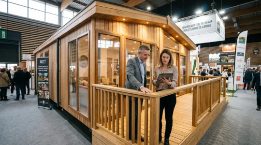 Mobil home premium en bois exposé sur un stand du salon SETT à Montpellier, avec deux visiteurs professionnels examinant la structure et les finitions, ambiance salon B2B.