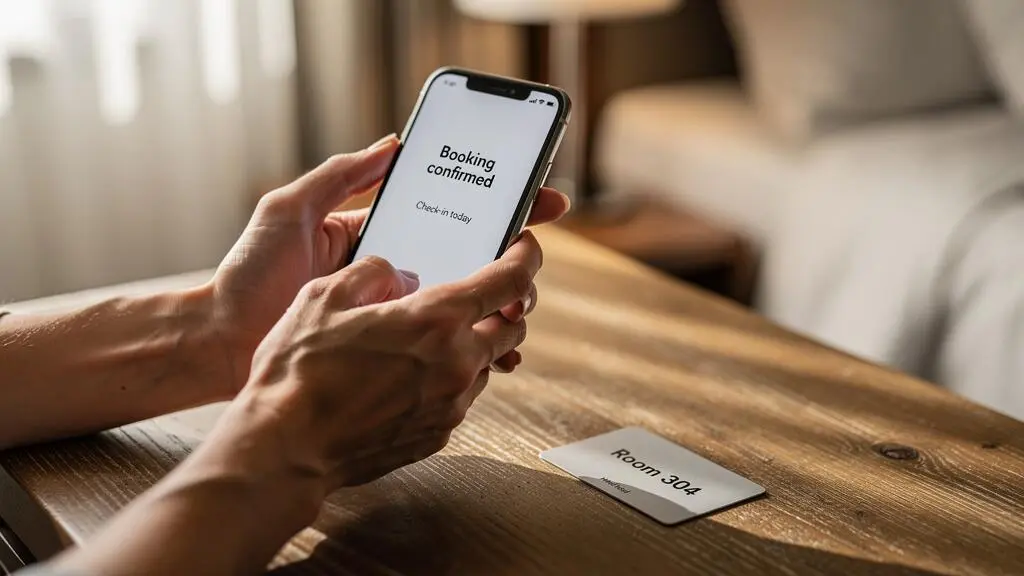 Des mains posent un smartphone et une carte de chambre sur une table de chevet.